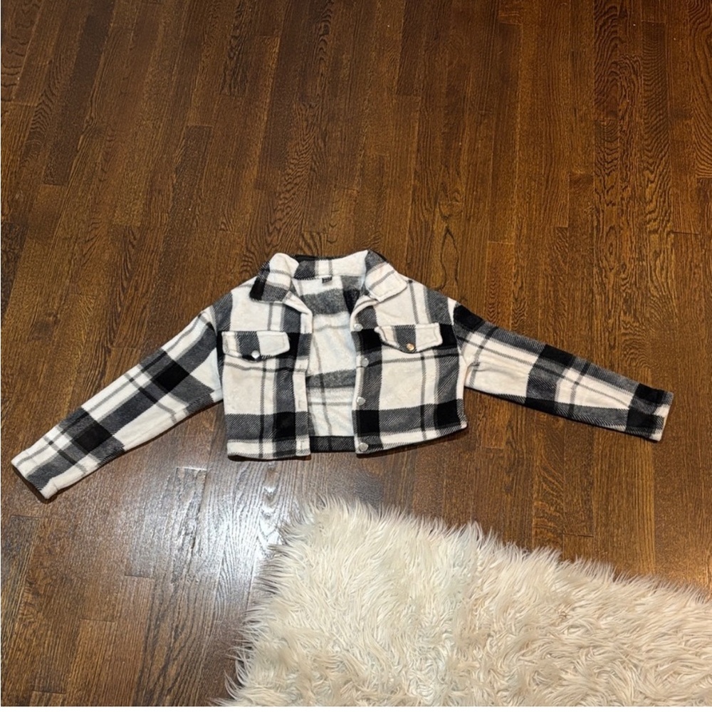 SHEIN Black and White Plaid Light Fuzzy Jacket